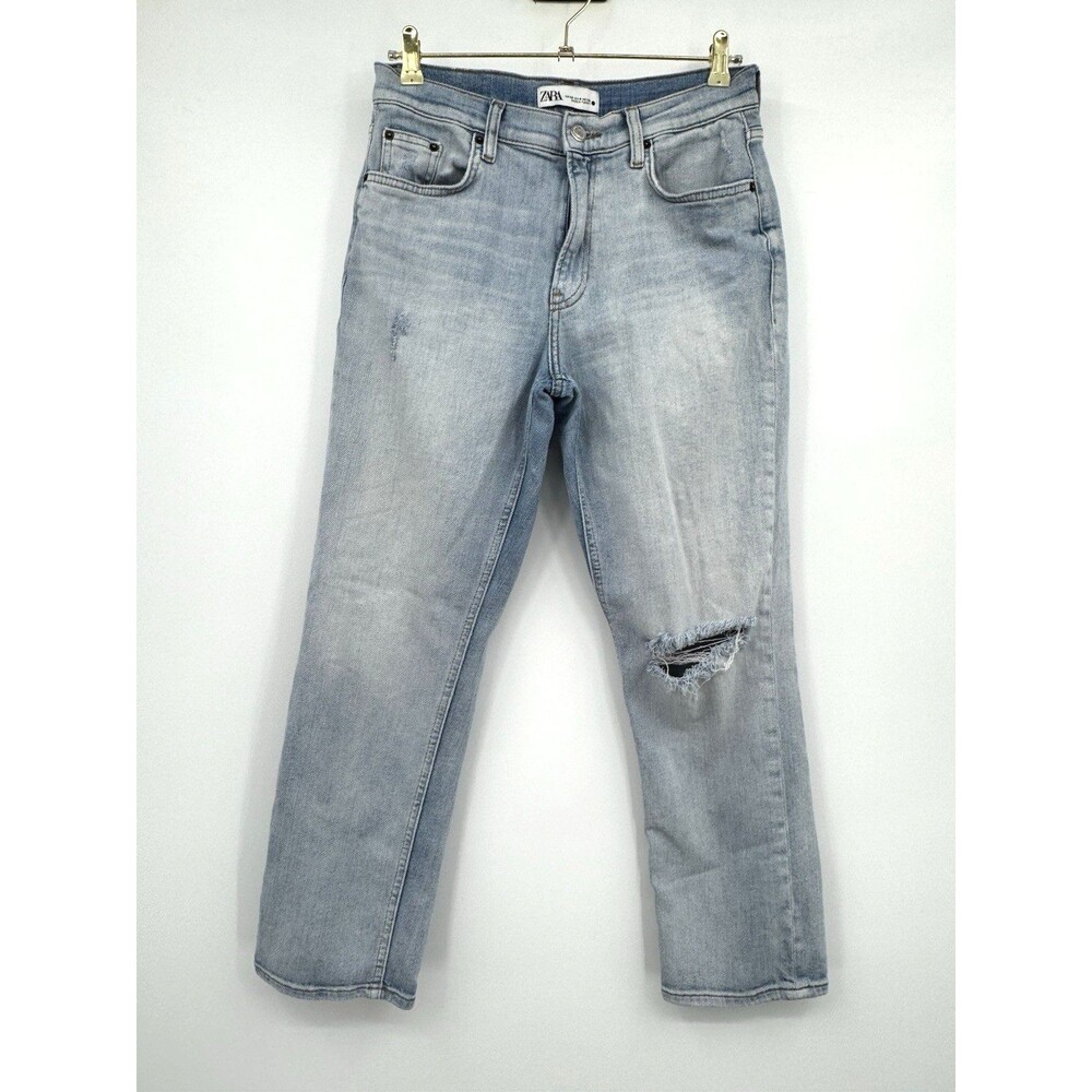 ZARA Straight leg High Rise Distressed Jeans Womens Size 8 Light Wash Boho Denim
